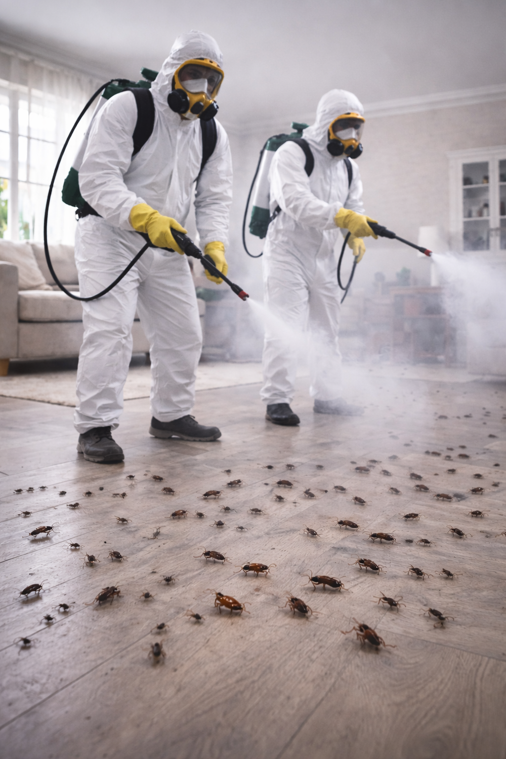 Techniker arbeitet in einem Wohnzimmer an der Schädlingsbeseitigung